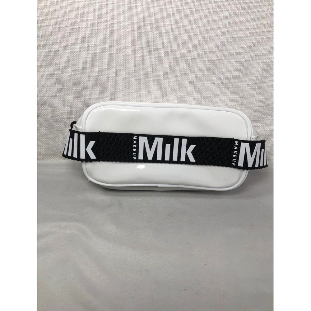 Milk Makeup White Patent Vinyl Cosmetic Bag Neon Orange Lining Logo Strap Pouch